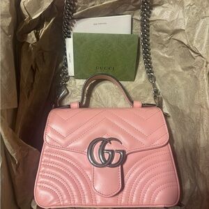 Gucci Pink Leather Shoulder Bag with Silver Chain